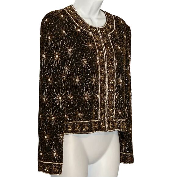 Vintage 90s Papell Boutique Beaded Silk Evening Jacket 4P Black Gold Formal Glam - Picture 1 of 10